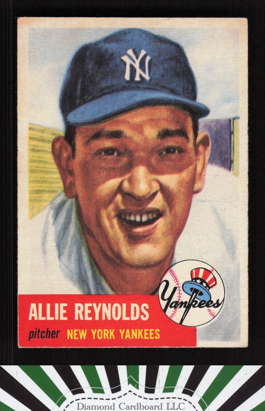 1953 Topps #141 Allie Reynolds : Bio uses white text VG d, front
