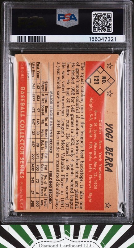 1953 Bowman Color #121 Yogi Berra PSA 3 (MC), back