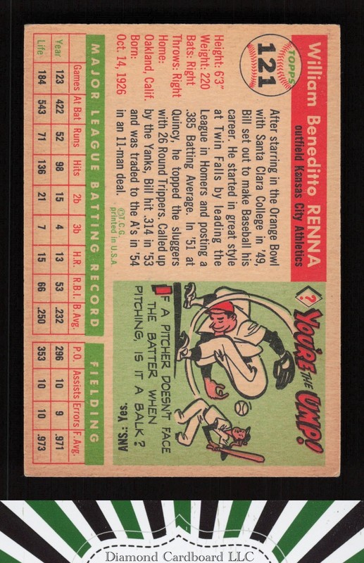 1955 Topps #121 Bill Renna VG+ f, back