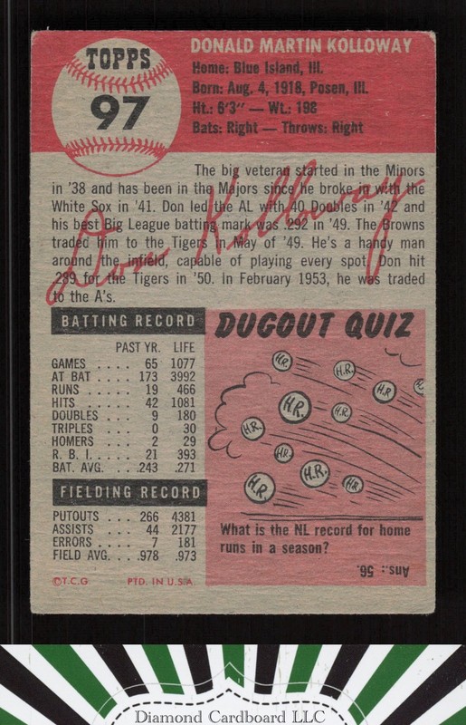 1953 Topps #97 Don Kolloway : Bio uses black text VGEX (ST) f, back