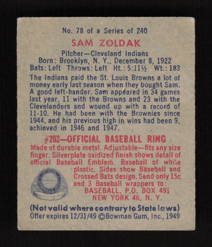 1949 Bowman #78 Sam Zoldak No Name VGEX, back