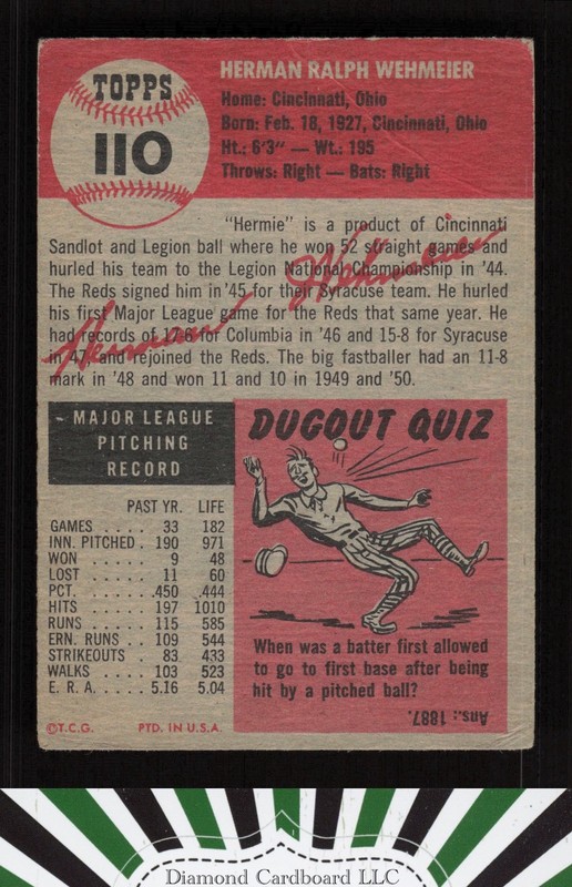 1953 Topps #110 Herman Wehmeier : Bio uses black text GD a, back