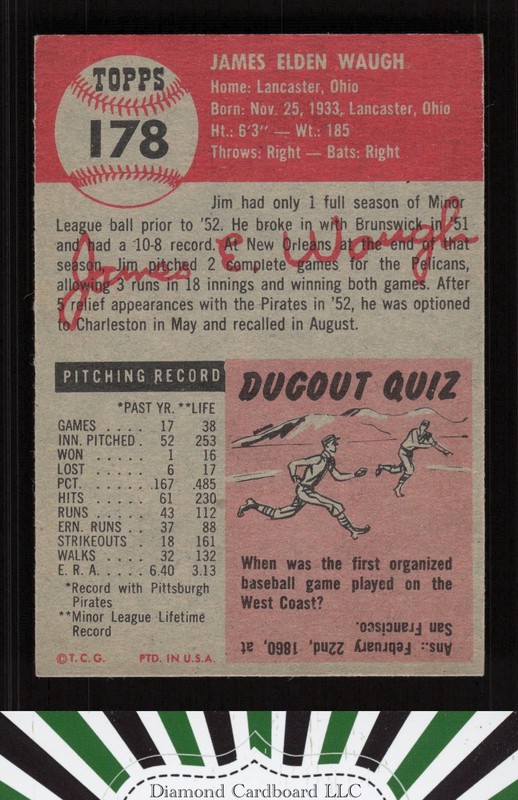 1953 Topps #178 Jim Waugh VGEX+ e, back