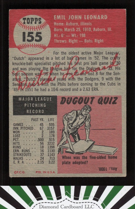 1953 Topps #155 Dutch Leonard : Bio uses white text VGEX e, back