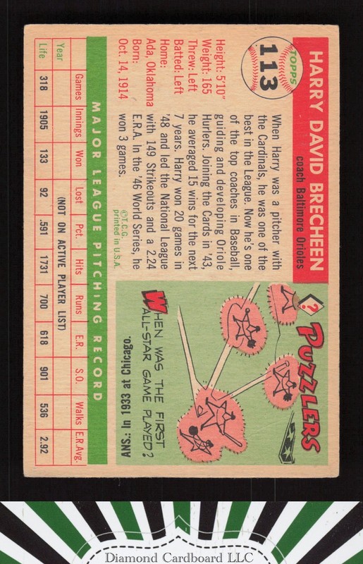 1955 Topps #113 Harry Brecheen VGEX [NICELY CENTERED] h, back