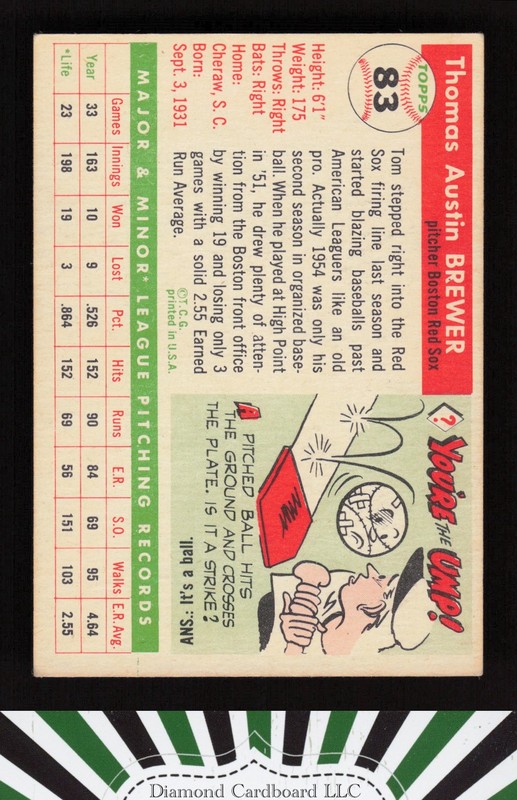 1955 Topps #83 Tom Brewer VGEX+ k, back