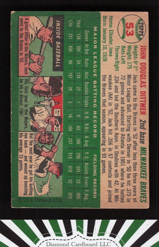 1954 Topps #53 Jack Dittmer VGEX j, back