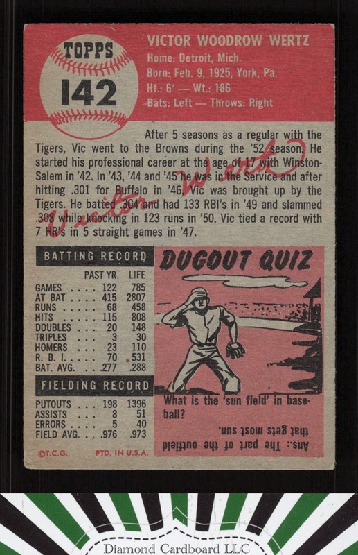 1953 Topps #142 Vic Wertz : Bio uses white text VG+ e, back