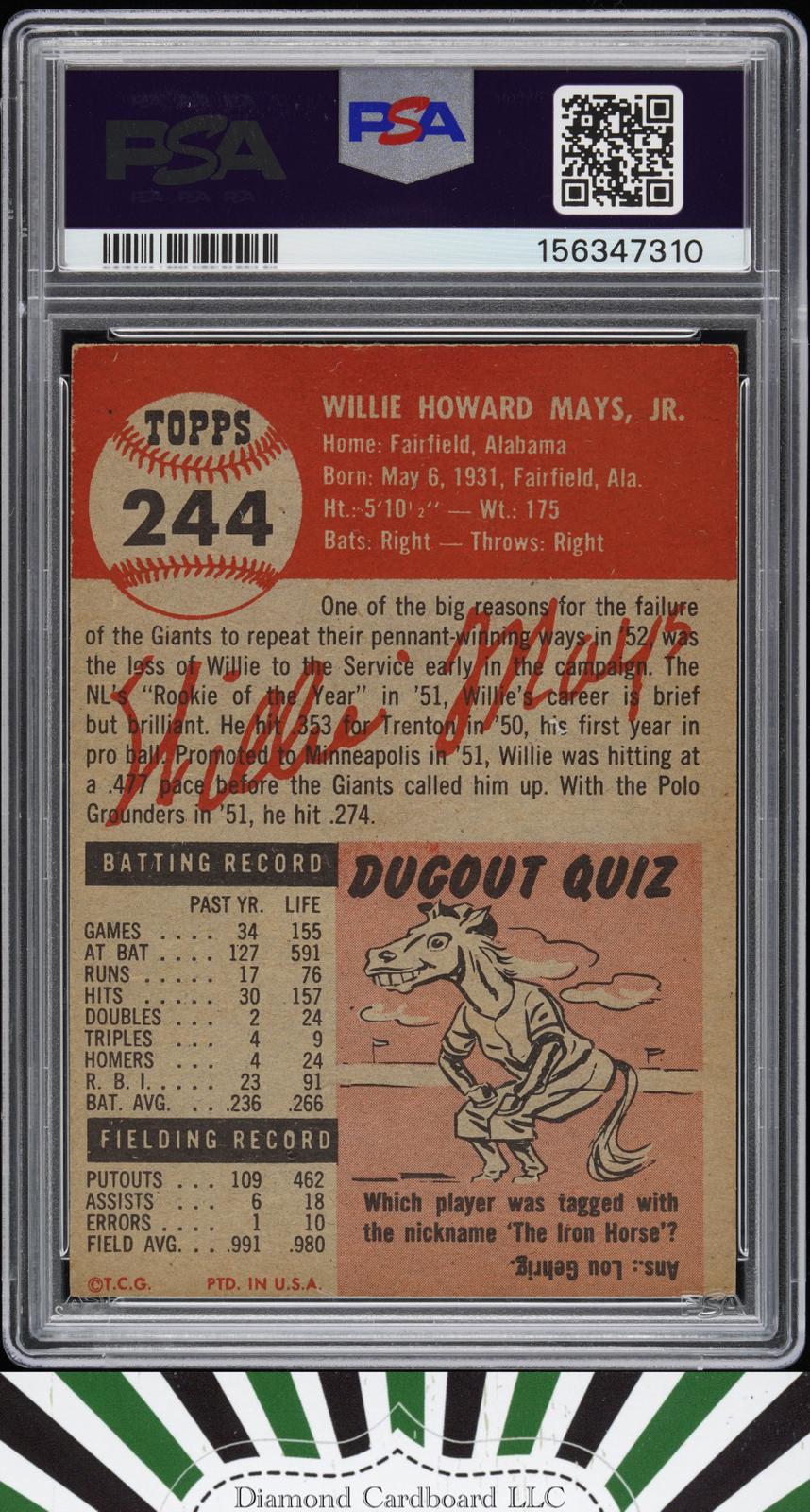 1953 Topps #244 Willie Mays PSA 4, back