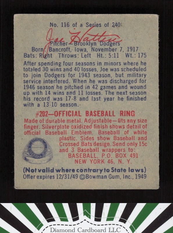 1949 Bowman #116 Joe Hatten VGEX+ a, back