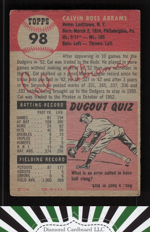 1953 Topps #98 Cal Abrams : Bio uses black text GD a, back