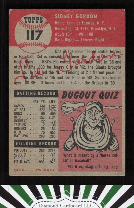 1953 Topps #117 Sid Gordon : Bio uses white text GD b, back