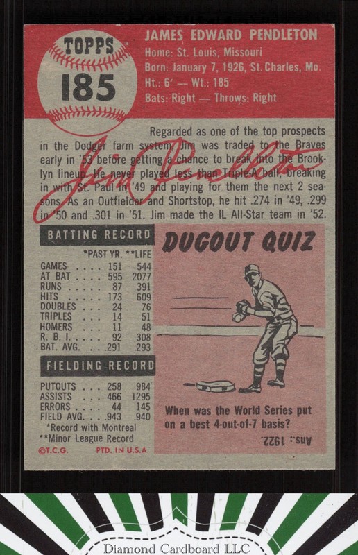 1953 Topps #185 Jim Pendleton EXMT e, back