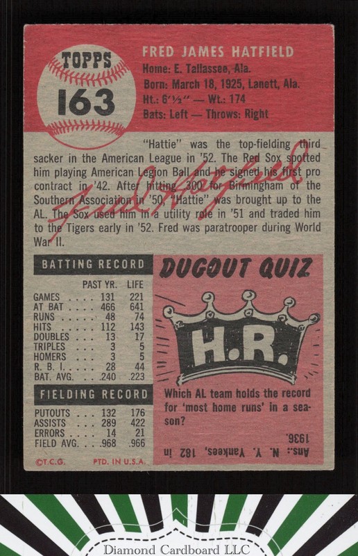 1953 Topps #163 Fred Hatfield : Bio uses black text VGEX+ f, back