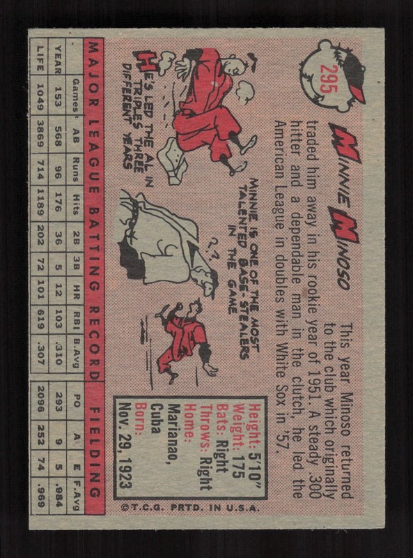 1958 Topps #295 Minnie Minoso NM k, back