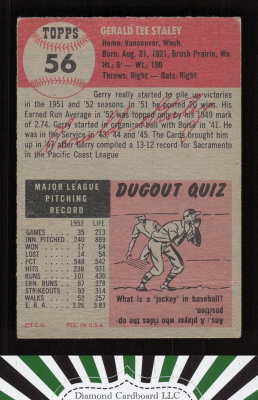 1953 Topps #56 Gerald Staley VG e, back