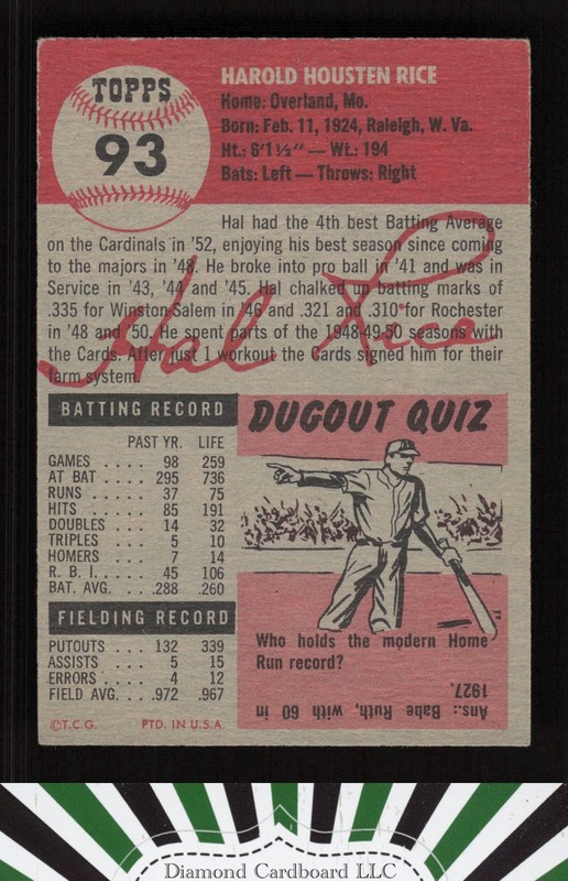 1953 Topps #93 Hal Rice : Bio uses black text VGEX+ f, back