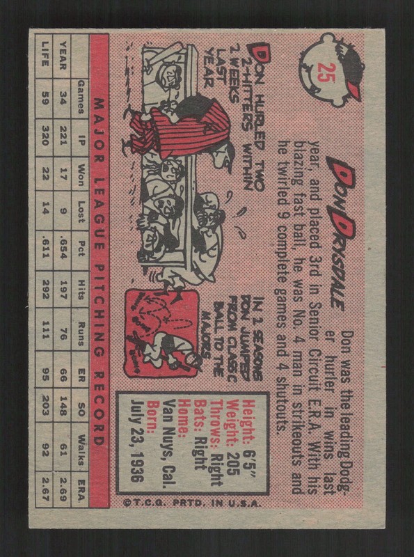 1958 Topps #25 Don Drysdale NMMT (OC) h, back