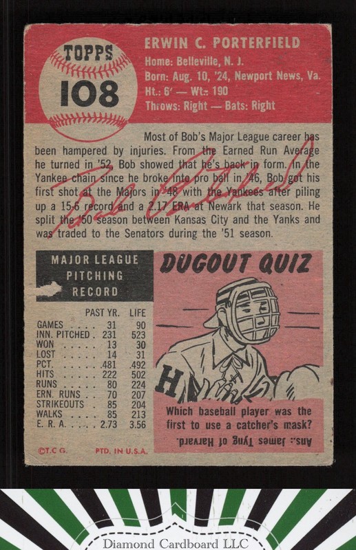 1953 Topps #108 Bob Porterfield : Bio uses black text GD+ [CENTERED] b, back