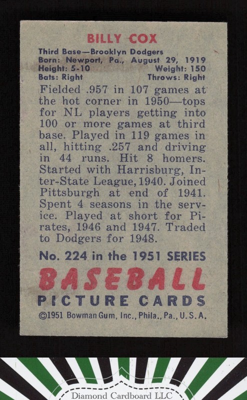 1951 Bowman #224 Billy Cox EX, back
