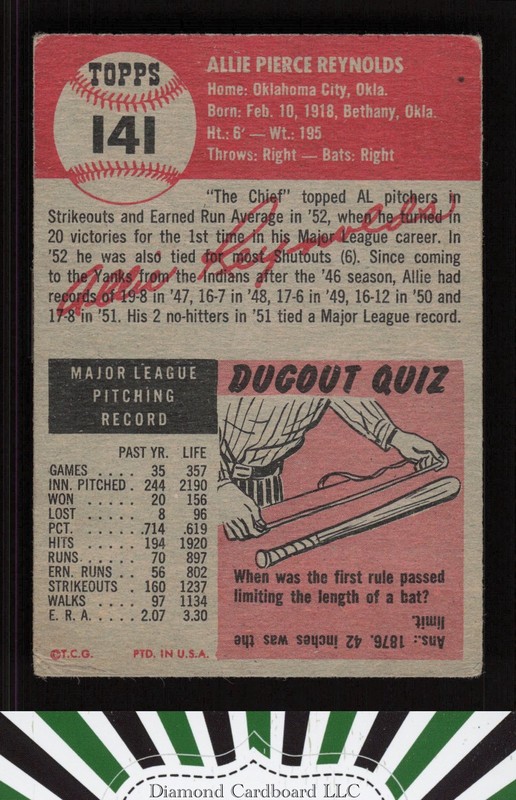 1953 Topps #141 Allie Reynolds : Bio uses white text FR a, back