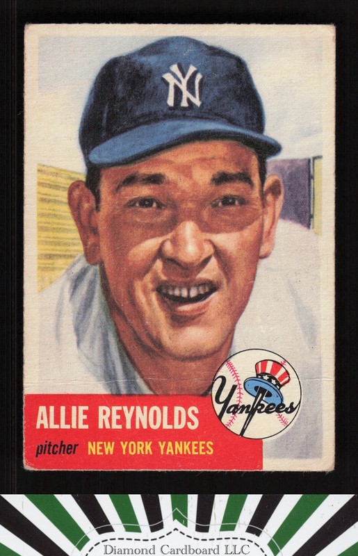 1953 Topps #141 Allie Reynolds : Bio uses white text FR a, front