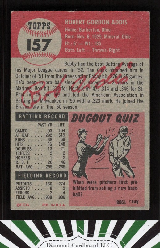 1953 Topps #157 Bob Addis : Bio uses white text FR f, back