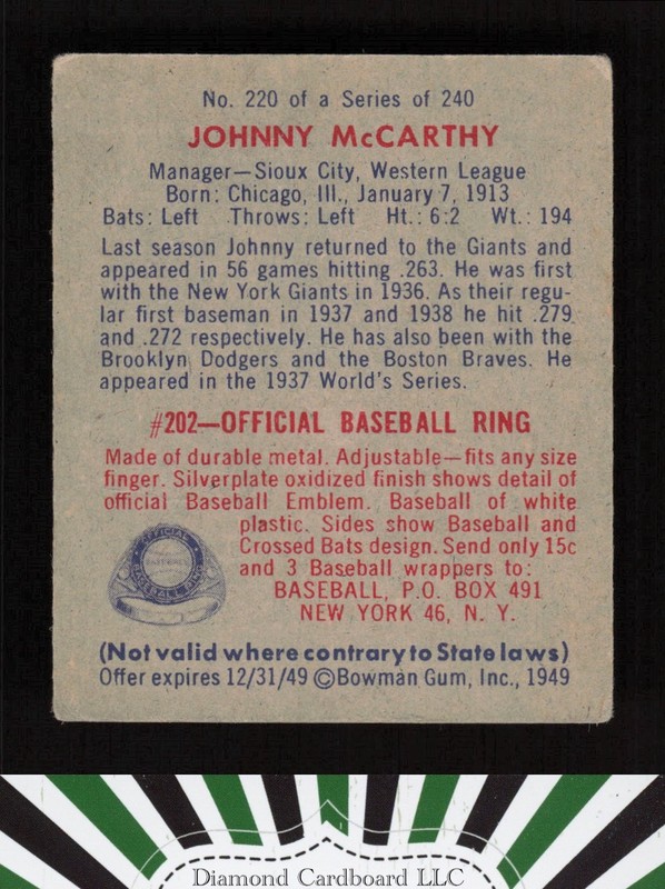 1949 Bowman #220 Johnny McCarthy VG+ a, back