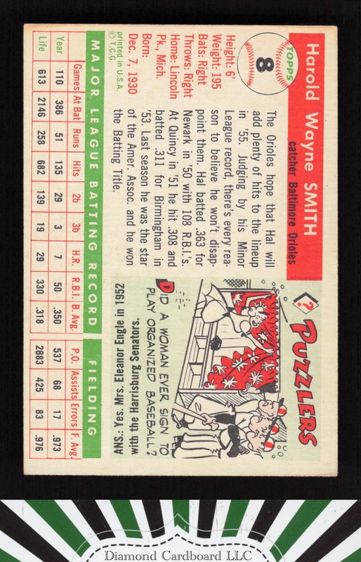 1955 Topps #8 Hal Smith VG+ b, back