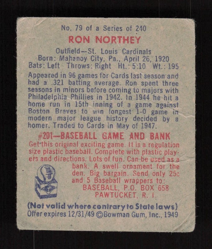 1949 Bowman #79 Ron Northey GD, back
