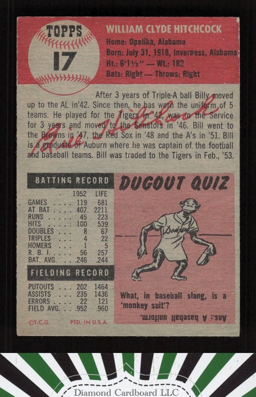 1953 Topps #17 Billy Hitchcock VGEX h, back