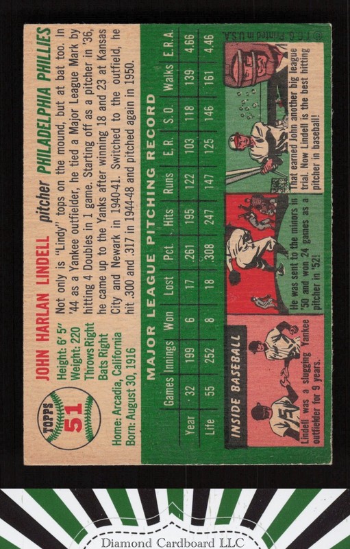 1954 Topps #51 Johnny Lindell VGEX g, back