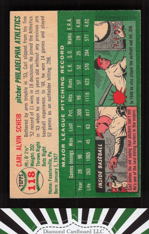1954 Topps #118 Carl Scheib EX i, back