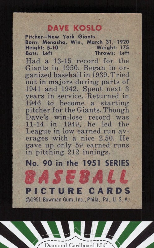 1951 Bowman #90 Dave Koslo EXMT, back