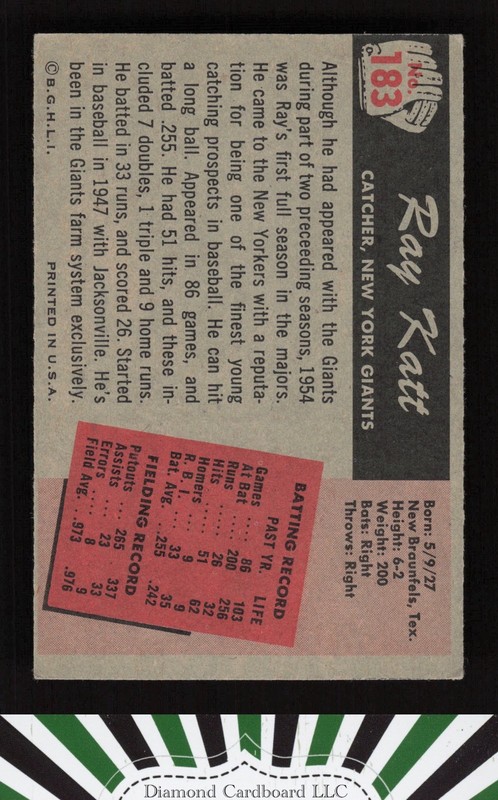 1955 Bowman #183 Ray Katt EX, back