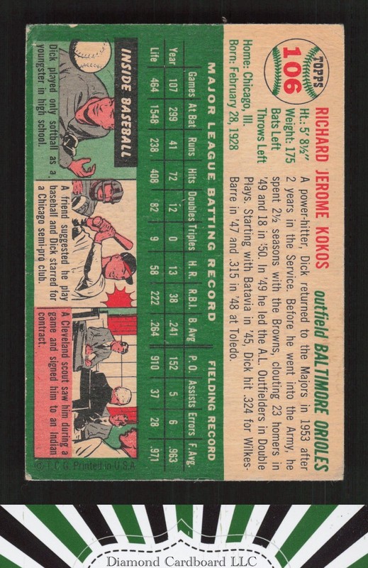 1954 Topps #106 Dick Kokos VG+ c, back