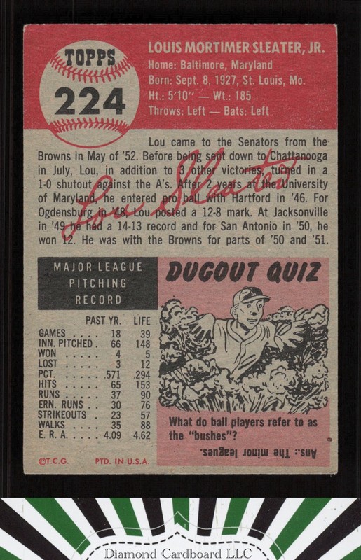 1953 Topps #224 Lou Sleater EX i, back