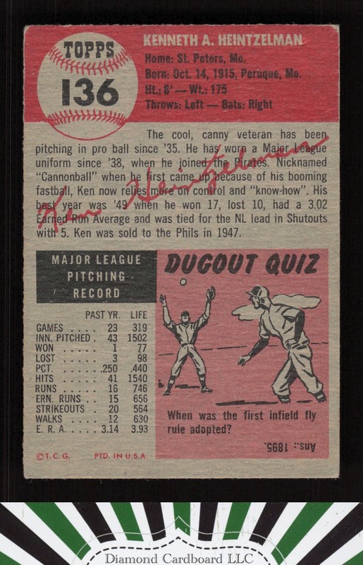 1953 Topps #136 Ken Heintzelman : Bio uses black text VGEX c, back