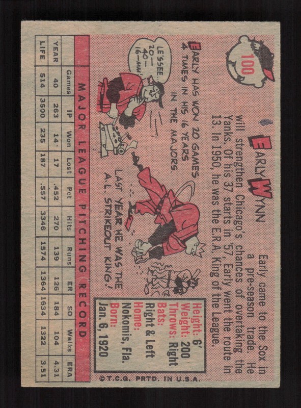 1958 Topps #100 Early Wynn White Letters VGEX f, back