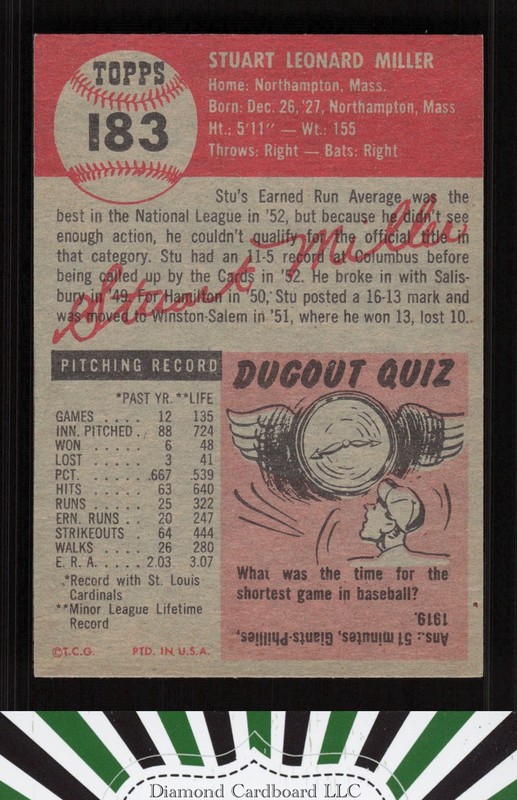 1953 Topps #183 Stu Miller NM e, back