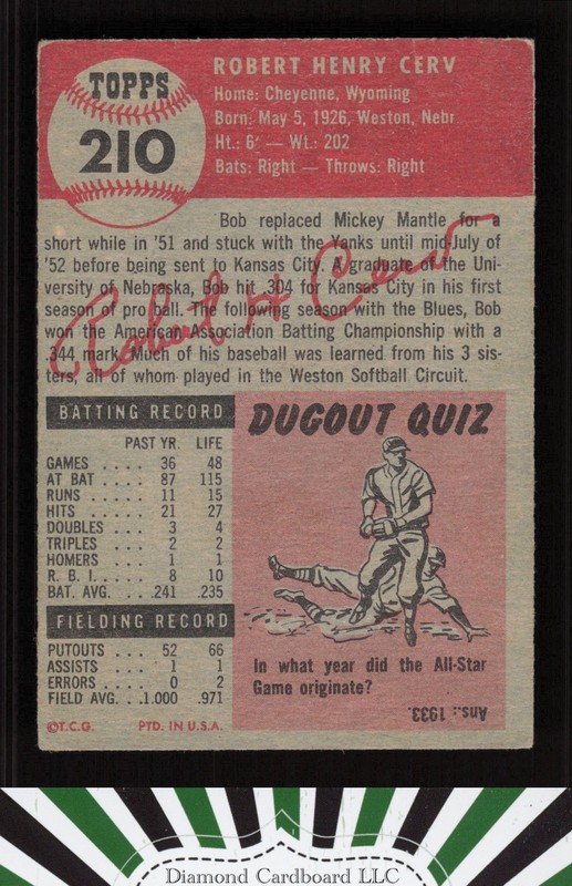 1953 Topps #210 Bob Cerv VGEX d, back