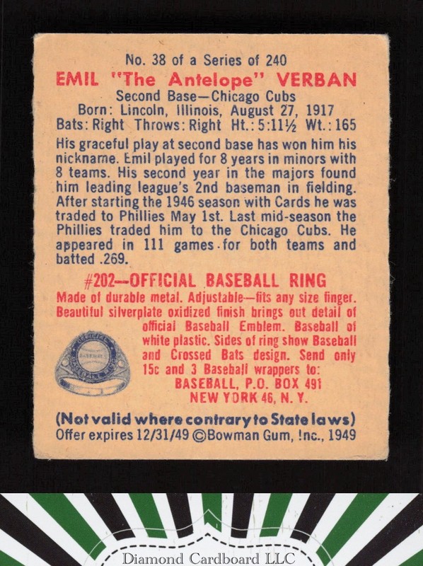 1949 Bowman #38 Emil "The Antelope" Verban GD [CENTERED] a, back