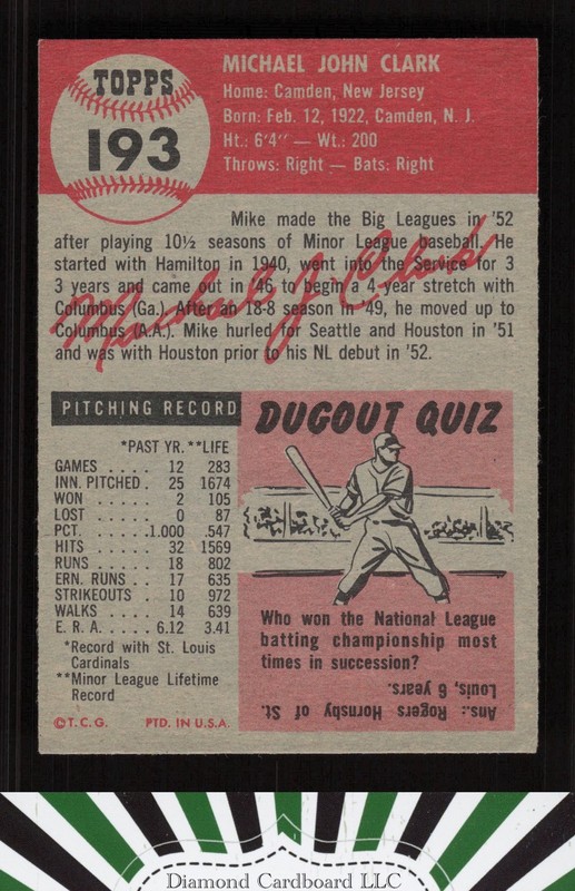 1953 Topps #193 Mike Clark VGEX h, back
