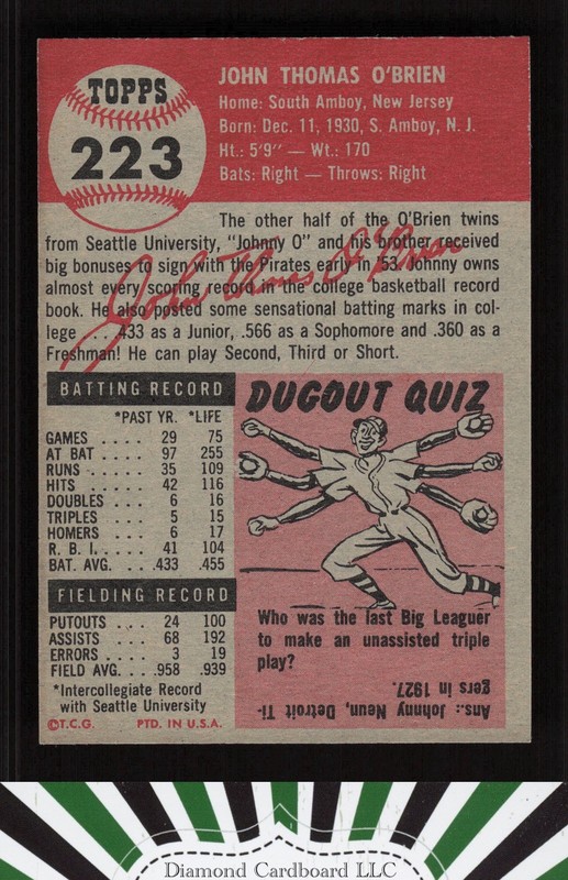1953 Topps #223 Johnny O'Brien NM i, back
