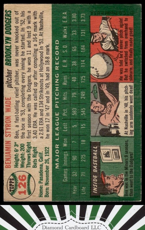 1954 Topps #126 Ben Wade VGEX a, back