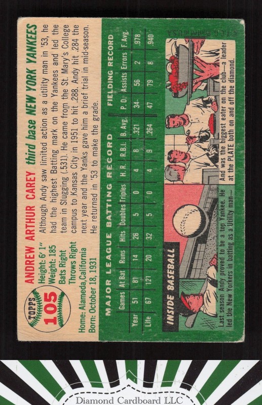 1954 Topps #105 Andy Carey VG h, back