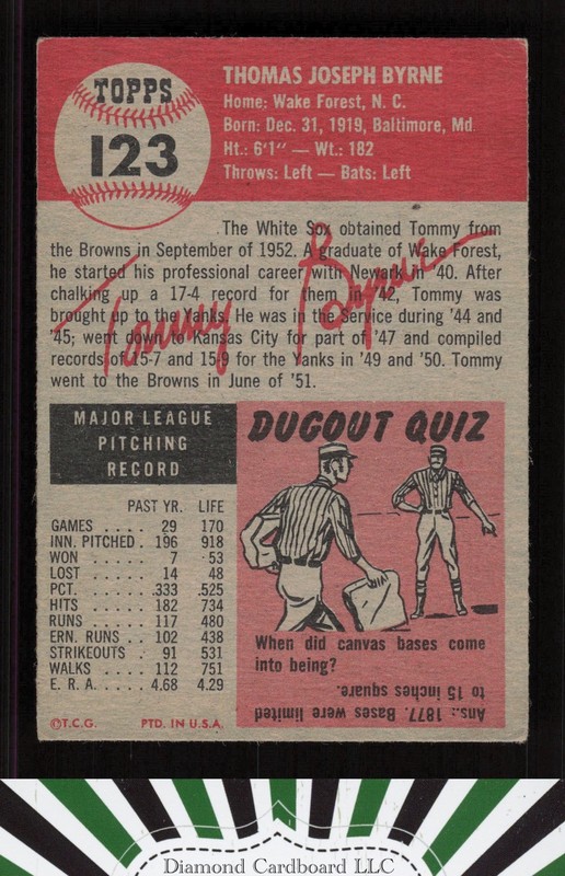 1953 Topps #123 Tommy Byrne : Bio uses white text VG+ d, back
