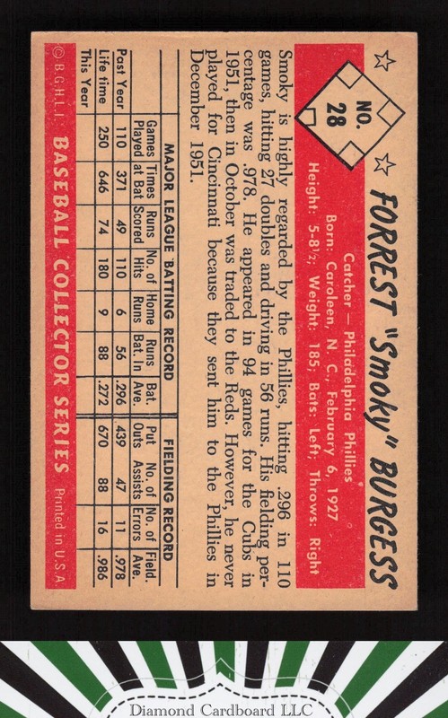 1953 Bowman Color #28 Forrest "Smoky" Burgess EX a, back