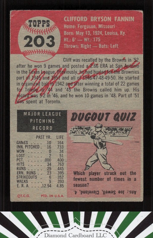 1953 Topps #203 Cliff Fannin GD+ b, back