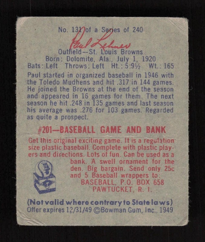 1949 Bowman #131 Paul Lehner GD, back